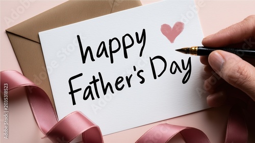 Close‑Up Handwritten Father’s Day Greeting Card Warm Gratitude Blessing Design with Kraft Envelope & Pink Ribbon on Light Pink Background