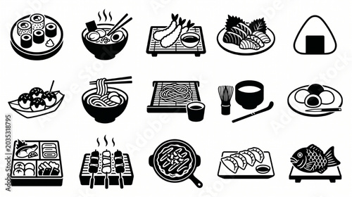 Premium Japanese Cuisine Icon Pack with Sushi Sashimi Ramen Bento and Matcha Food Illustrations
