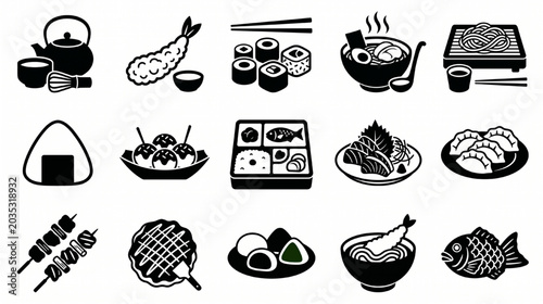 Japanese Food Illustration Set with Matcha Tea Sushi Tempura Yakitori and Authentic Cuisine Symbols