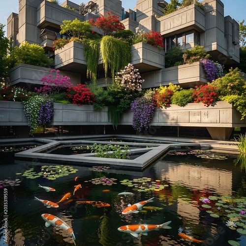 Modern Architecture With Vertical Gardens And Koi Pond.