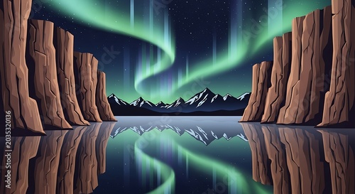 Northern Lights Over Reflective Water and Rocky Landscape.