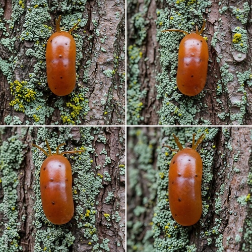 Four Close-Up Views of Orange Beetles on Tree Bark.