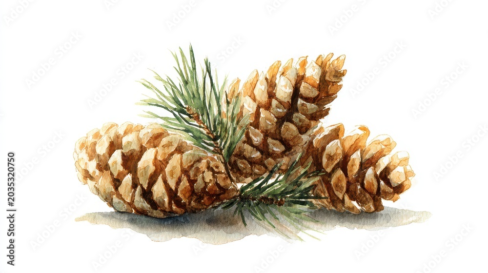 Fototapeta premium Illustrated pine cones with needles, gentle textures in watercolor on pure white