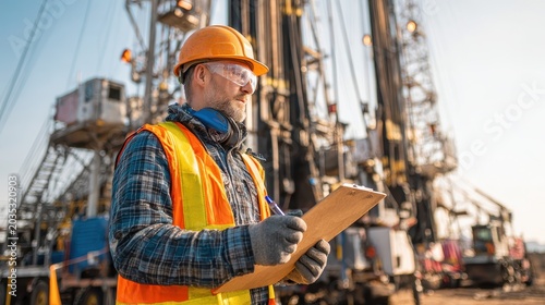 Industrial site inspection: safety officer reviewing a checklist at a drilling rig