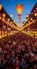 Crowd of people celebrating Chinese New Year under traditional lanterns in a historic street.