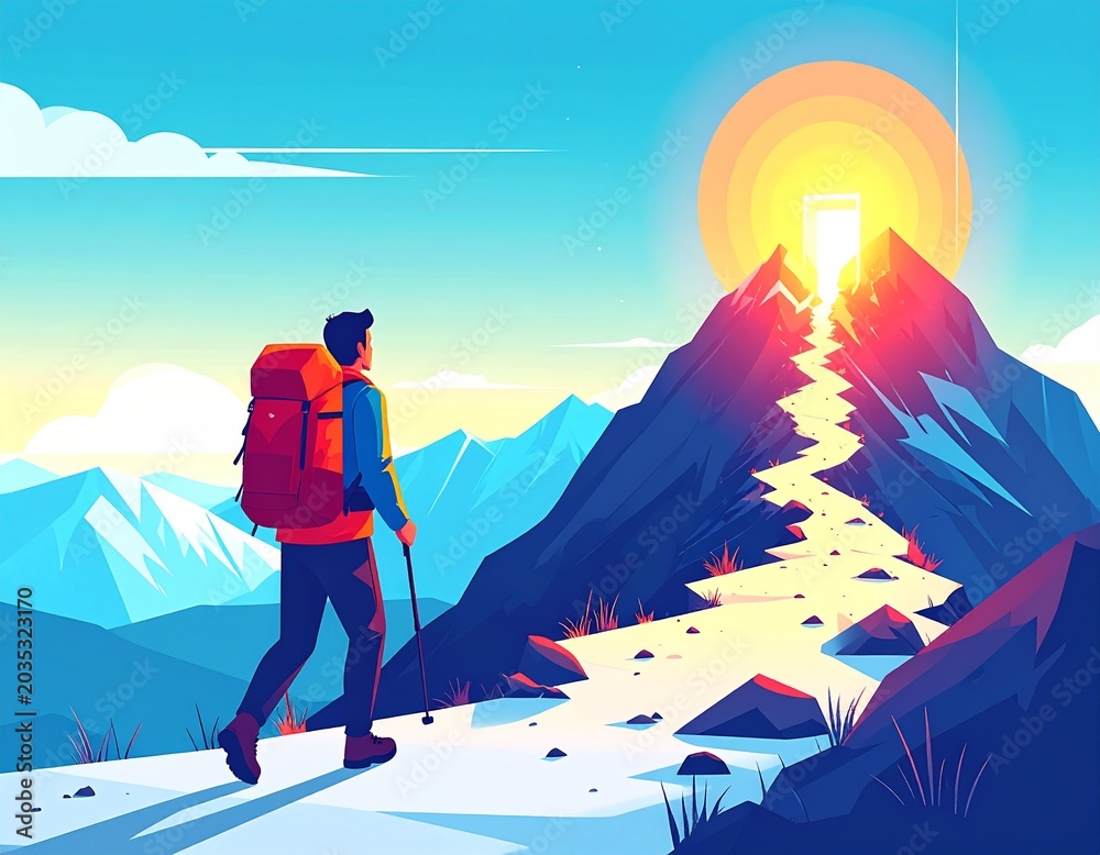 Fototapeta premium Hikers with backpacks on scenic trail leading to mountain peak