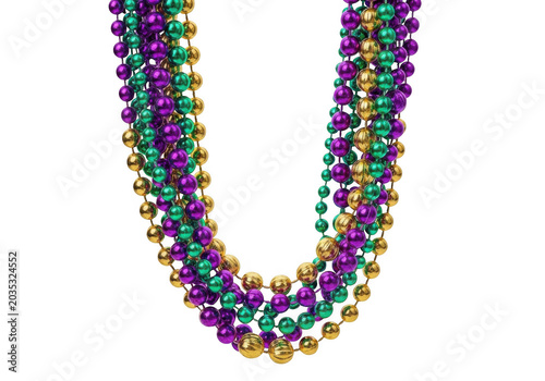 Multiple strands of shiny purple, green, and gold mardi gras beads arranged in a u-shape against a solid black background