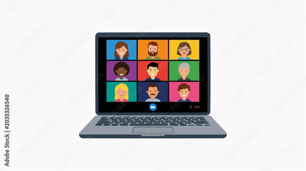 Obraz premium Laptop screen displaying a video conference with diverse cartoon people on colorful backgrounds