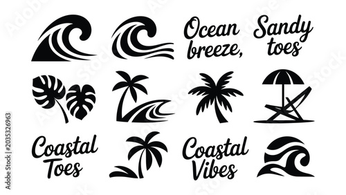 Εκτύπωση καμβά Black silhouettes of beach icons and phrases on white background for graphic des
