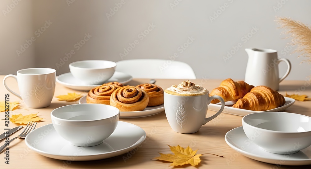 Fototapeta premium Breakfast table with coffee, croissants, and cinnamon rolls. autumnal brunch setup