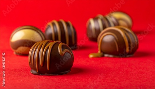 chocolates candy in round shape with chocolate or caramel drizzle, placed on vibrant red background tasty