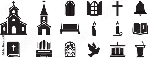 Bild auf Leinwand Church silhouette icon set, Christian worship vector, Bible cross design, altar