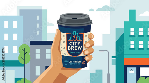 Fotografía This flat design illustration shows a hand holding takeaway coffe cup in modern urban town setting