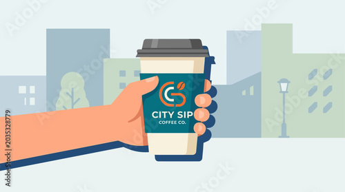 Bild auf Leinwand This flat design illustration shows a hand holding takeaway coffe cup in modern urban town setting