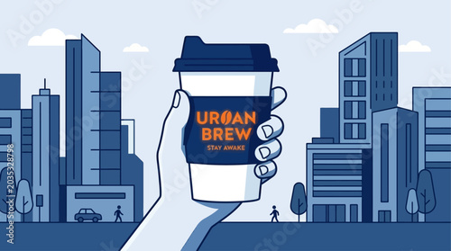 Quadro su tela This flat design illustration shows a hand holding takeaway coffe cup in modern urban town setting