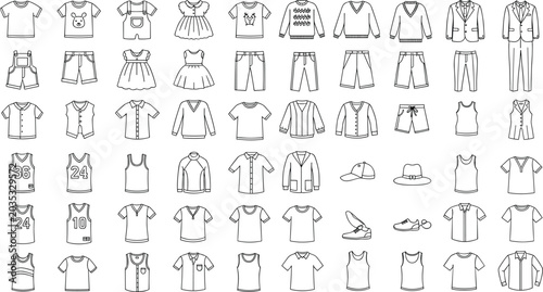 Large collection of clothing line icons featuring t-shirts dresses pants suits and accessories for fashion retail website design and apparel cataloging