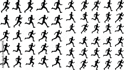 Large collection of running man silhouettes showing various sprinting and jogging poses for sports fitness and athletic motion design projects