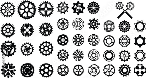 Large collection of mechanical gear silhouettes and clockwork cog wheels isolated on white background for industrial engineering and steampunk design projects