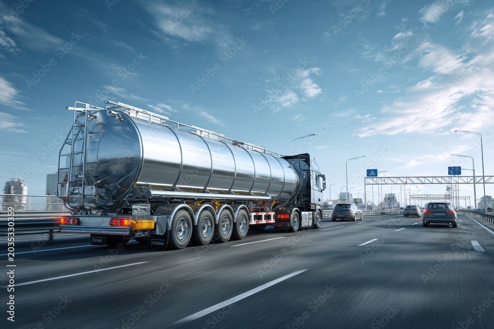 Fototapeta premium Large fuel tanker on a busy multi lane highway