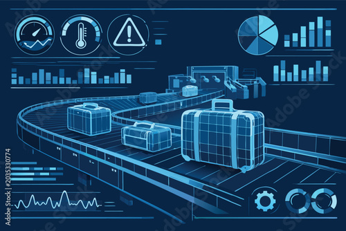 Futuristic Digital Interface for an Airport Baggage Handling System Displaying Realtime Telemetry Sync Data and Luggage Tracking Information for Advanced Aviation Logistics and Transportation