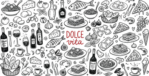 Italian food doodles with pasta pizza wine and seafood on a white background