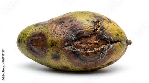 Rotten mango with mold and decay.