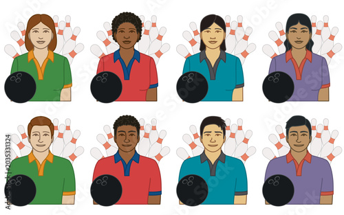 diversity, race, ethnicity of bowling player vector icons, male and female, with bowling ball and bowling pins, isolated on a white background