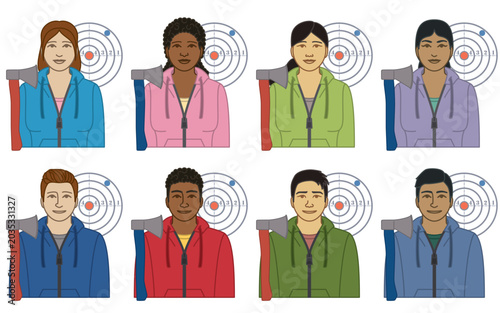 diversity, race, ethnicity of axe thrower vector icons, male and female, with axe and target, isolated on a white background