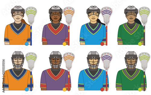 diversity, race, ethnicity of lacrosse player vector icons, male and female, wearing protective helmet with lacrosse stick and ball, isolated on a white background