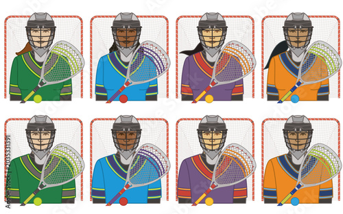 diversity, race, ethnicity of lacrosse goalkeeper vector icons, male and female, wearing protective helmet with lacrosse stick, ball and net, isolated on a white background