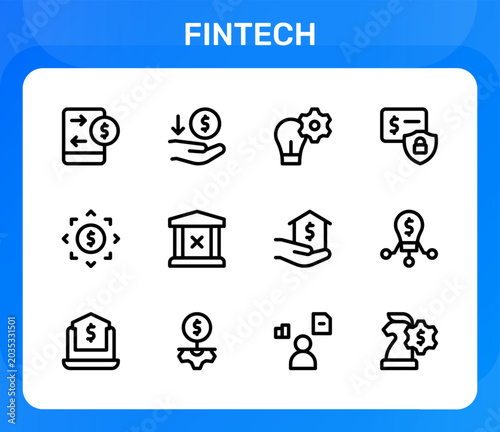 Fintech icon set. Editable line icons. Professional and modern outline icon pack vector illustration with mobile banking and secure payment icons in a flat design.