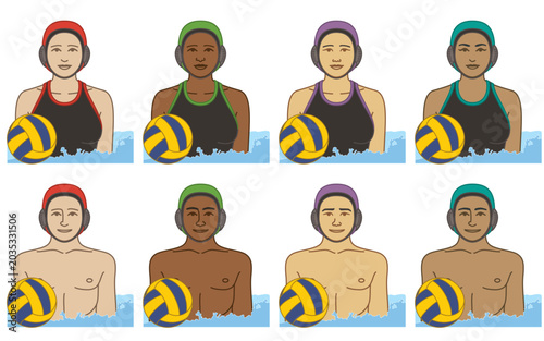 diversity, race, ethnicity of water polo player vector icons, male and female, in water wearing swimsuit and cap with polo ball, isolated on a white background