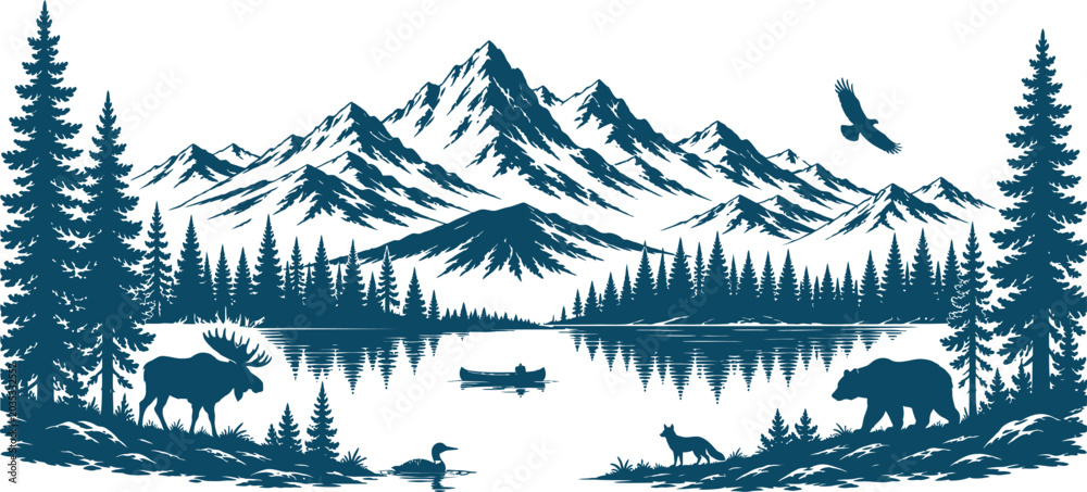 Fototapeta premium Beautiful mountain landscape with wildlife and serene lake reflection featuring moose and bear