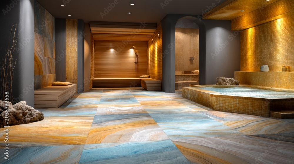 Fototapeta premium Tranquil Spa Interior with Limestone Flooring and Natural Stone Textures for a Relaxing Atmosphere