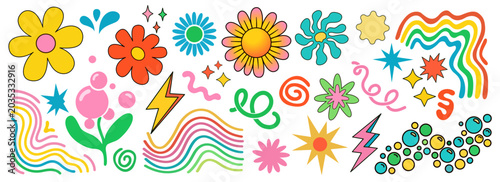 Abstract flowers and clouds shapes sticker set. Groovy funky flowers, bubbles, stars, loops and waves in trendy retro cartoon style. Vector illustration with wavy elements.