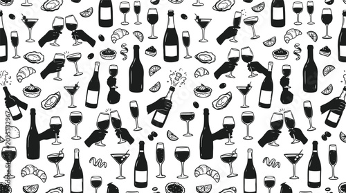 Hand drawn food and drink pattern with wine glasses bottles and pastries on white background