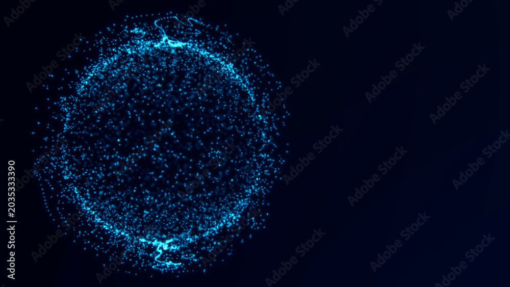 Obraz premium Blue glowing particle energy sphere on dark background, futuristic AI data core loop for cyber technology, science visualization.Virtual assistant
