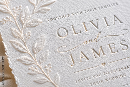 Letterpress Wedding Invitation Close Up With Embossed Floral Detail on White Handmade Paper