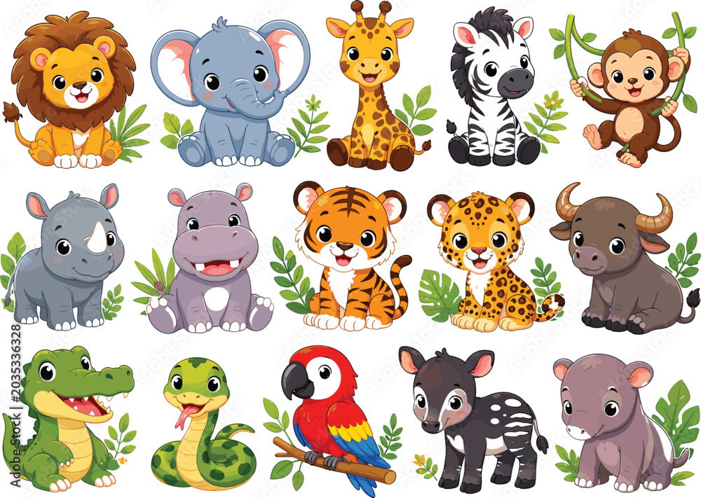 Obraz premium Cute cartoon animals with flowers and mushrooms, set cute animals bear