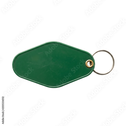 Green plastic hotel key tag with metal ring isolated on transparent background for travel and lodging