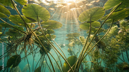 Underwater view of lily pads with sunbeams illuminating serene aquatic environment