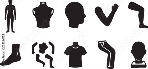 Bild auf Leinwand Human body silhouette icon set, anatomy figure vector, torso head design, arm le