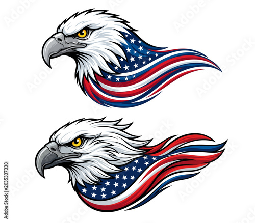 Foto Two stylized bald eagle heads with flowing American flag elements in bold graphi
