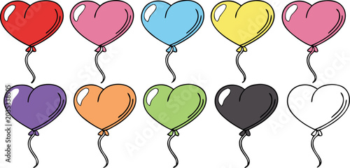 Colorful heart balloon vector illustration set for Valentine's Day, love celebration, romantic greeting cards, wedding and anniversary decoration.
