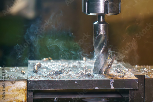 Cuadro en lienzo Heavy-duty drilling process creating a large diameter hole on a metal workpiece with intense friction smoke on a milling machine