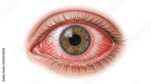 Red irritated human eye with visible blood vessels