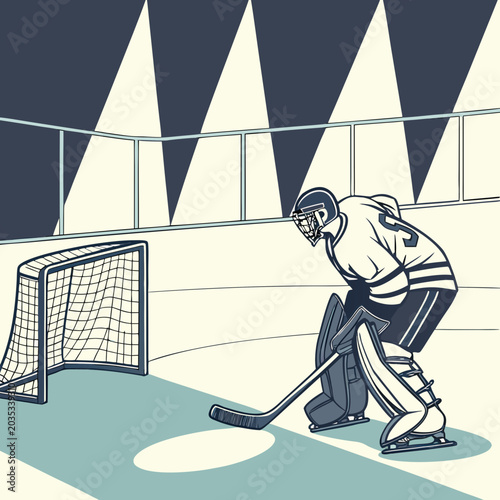 Photography Ice hockey goaltender defending goal net in an indoor professional arena