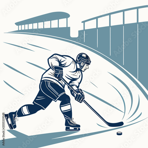 Photography Ice hockey player skating rapidly with puck on stadium rink, competition