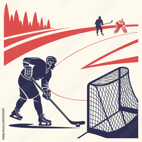 Photography Ice hockey game scene with player attacking net and goalie defending, tournament