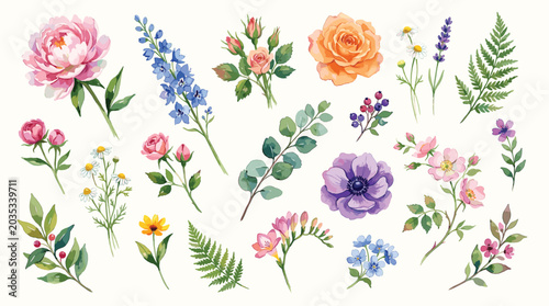 Set watercolor wild flowers, leaves and grass. Collection botanic garden elements. Vector isolated illustration in vintage style